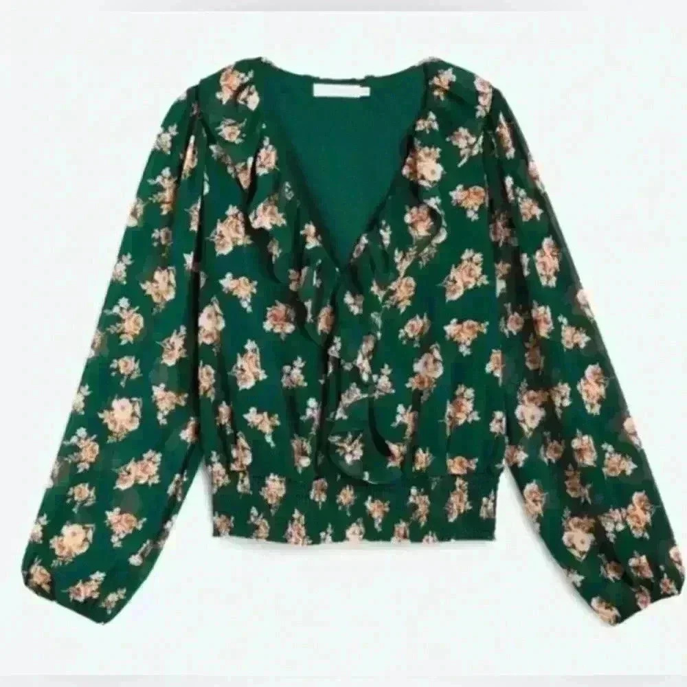 Lush Dark Green Floral Raya Peplum Smocked Waist Blouse Stitch Fix Milkmaid - Picture 1 of 14